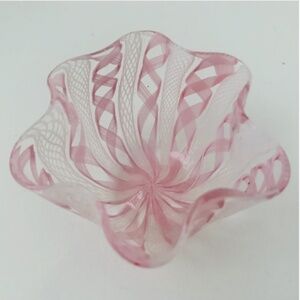 Vintage Murano Pink White Latticino Fazzoletto Small Trinket Dish MCM